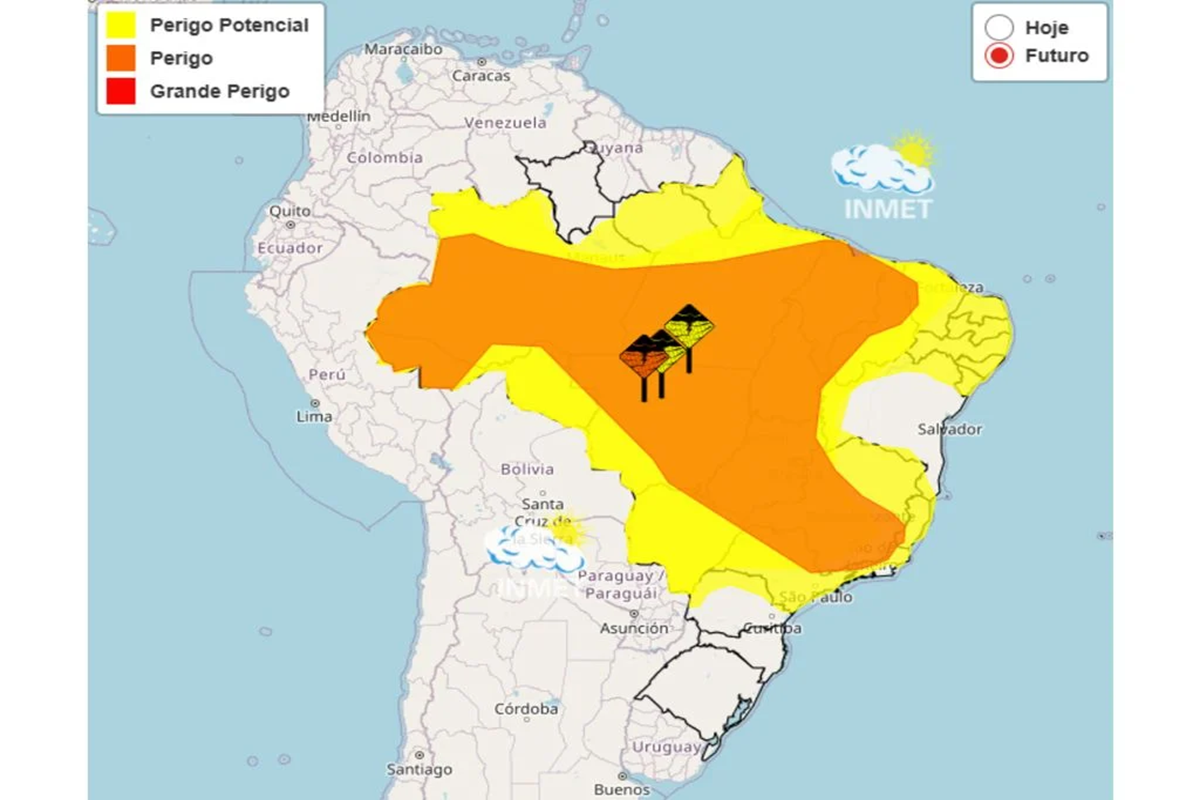 22 estados estão sob alerta de chuvas intensas nesta quinta, 19 2 Mapa da América do Sul destaca áreas em amarelo e laranja indicando alerta