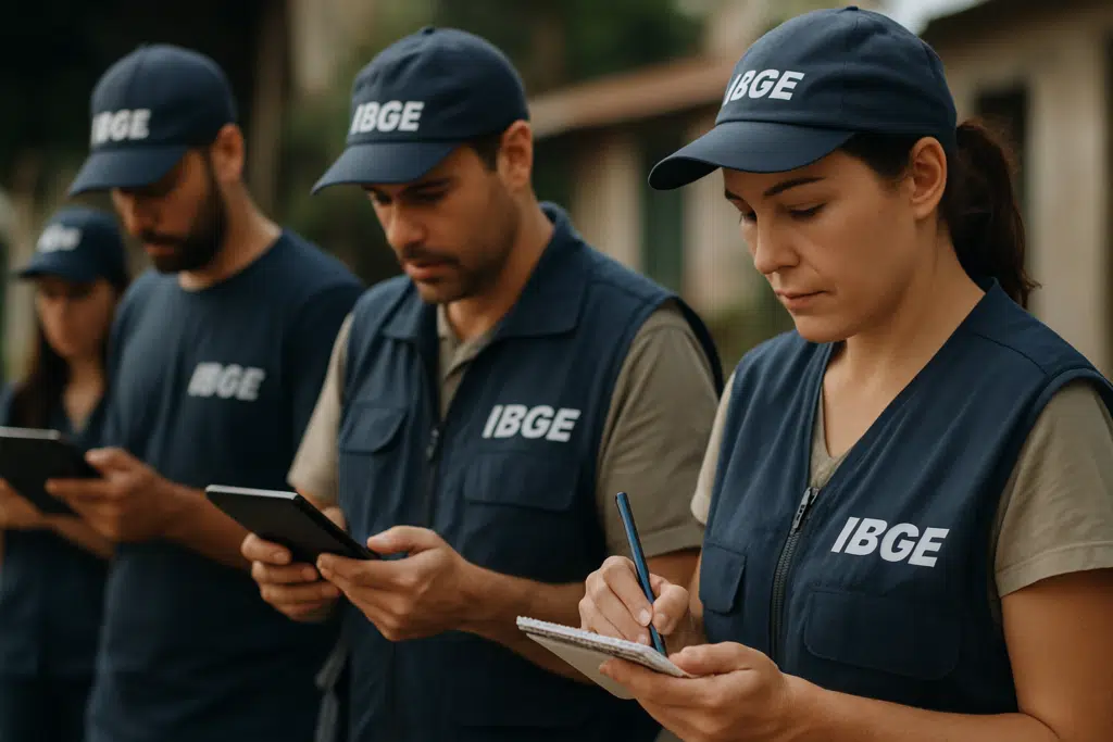 Concurso do IBGE com mais de 39 mil vagas já tem calendário definido 2 Quatro agentes do IBGE focados escrevendo em tablet e bloco de notas em ambiente externo.