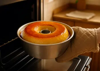 Pudim redondo sendo retirado do forno