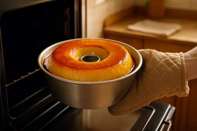 Sobrou pão? A receita de "pudim de padaria" que leva apenas 3 ingredientes e fica pronta rápido 1 Pudim redondo sendo retirado do forno