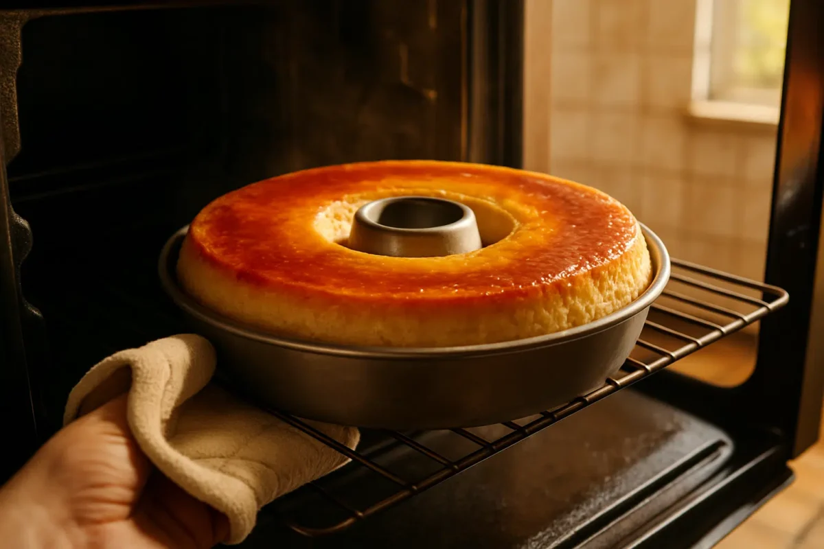 Sobrou pão? A receita de "pudim de padaria" que leva apenas 3 ingredientes e fica pronta rápido 2 Pudim redondo sendo retirado do forno