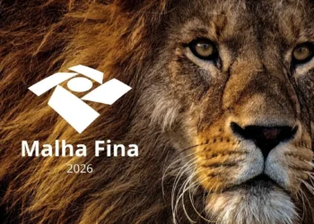 Rosto de leão ao lado do símbolo da Receita Federal com texto Malha Fina 2026