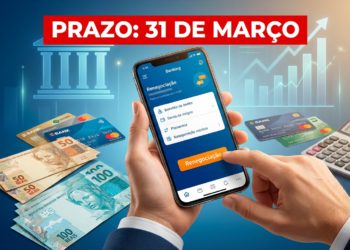 Mão usando celular exibindo opção de renegociação ao lado de notas, cartões e calculadora