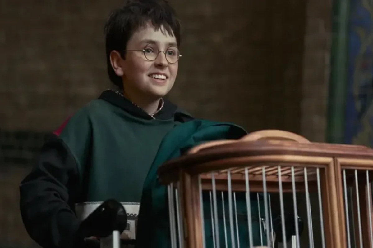 Série "Harry Potter e a Pedra Filosofal" ganha primeiro teaser; assista 2 Jovem bruxo sorrindo com óculos redondos ao lado de gaiola de madeira em Hogwarts