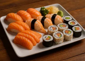 Prato de sushi variado com niguiris e uramakis.