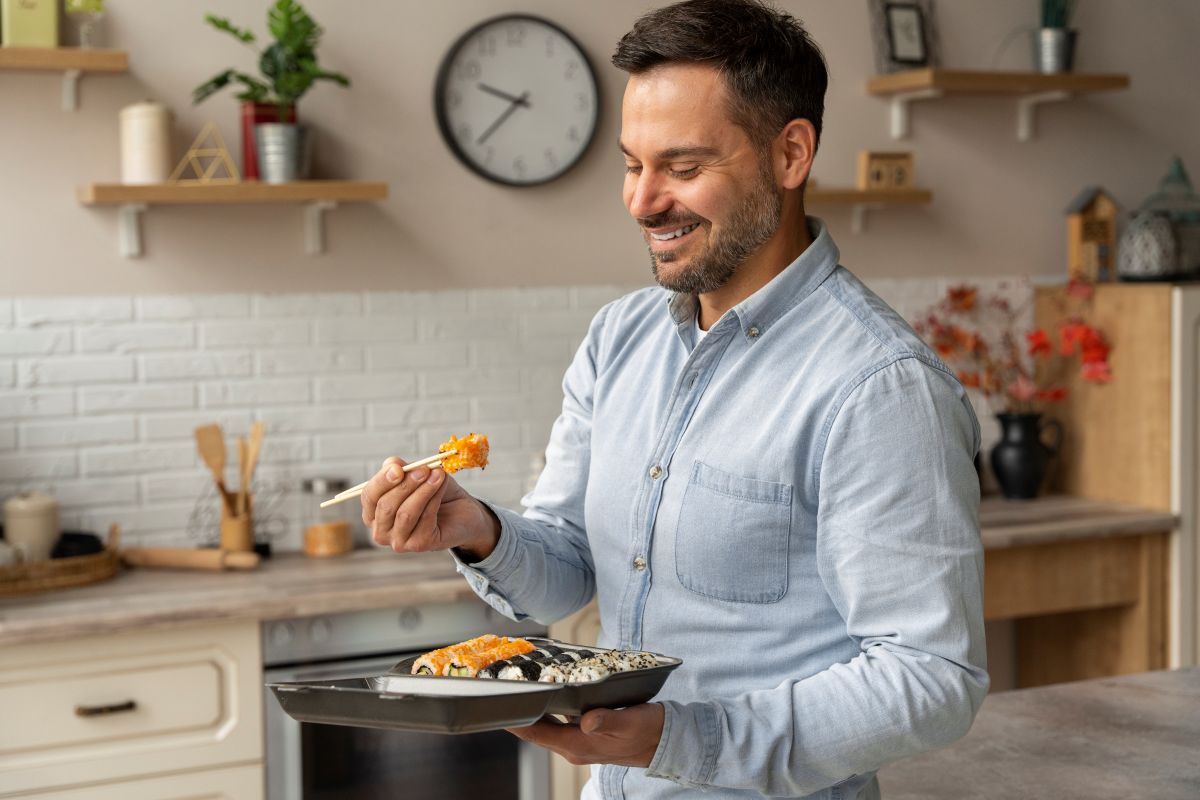 Sushi de preguiçoso: aprenda fazer a receita viral do TikTok que fica pronta em poucos minutos 2 Homem sorridente segura bandeja de sushi e leva peça com hashi.