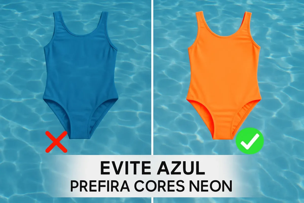A cor da roupa de banho que pode salvar a vida do seu filho em uma emergência (e por que azul é proibido) 2 Comparação entre maiô azul e maiô neon laranja em piscina, com indicação para evitar azul