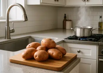 Batatas cruas em tábua de madeira em cozinha.
