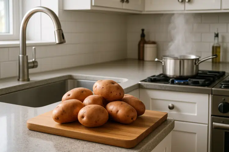 Por que você deve ralar uma batata crua dentro do molho bolonhesa 1 Batatas cruas em tábua de madeira em cozinha.