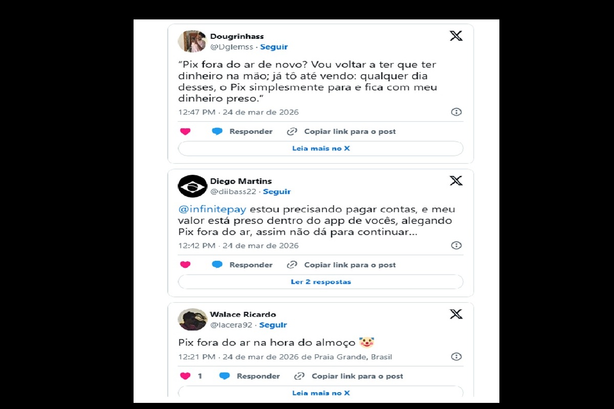 Pix fora do ar? Clientes de vários bancos relatam instabilidade nesta terça-feira (24) 2 Prints de reclamações sobre falha no Pix em março de 2026