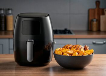 Air fryer preta de última geração sobre bancada de madeira ao lado de uma tigela com frango assado e batatas rústicas douradas.