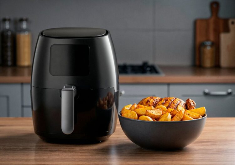 Descubra quais alimentos ficam mais saborosos na Air Fryer (melhor do que no forno tradicional)! 1 Air fryer preta de última geração sobre bancada de madeira ao lado de uma tigela com frango assado e batatas rústicas douradas.