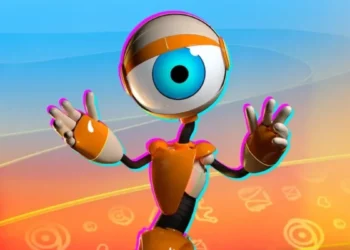 Mascote Roobbb do BBB em destaque central. O robô possui um grande olho azul, corpo laranja e branco, e está com os braços abertos em um fundo colorido com tons de azul, laranja e amarelo, contendo ícones sutis de redes sociais.
