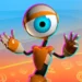 Mascote Roobbb do BBB em destaque central. O robô possui um grande olho azul, corpo laranja e branco, e está com os braços abertos em um fundo colorido com tons de azul, laranja e amarelo, contendo ícones sutis de redes sociais.