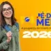 Jovem com mochila azul sorri ao lado do banner Pé-de-Meia 2026