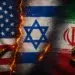 Bandeiras dos EUA, Israel e Irã divididas por rachadura e cartuchos de bala ao redor
