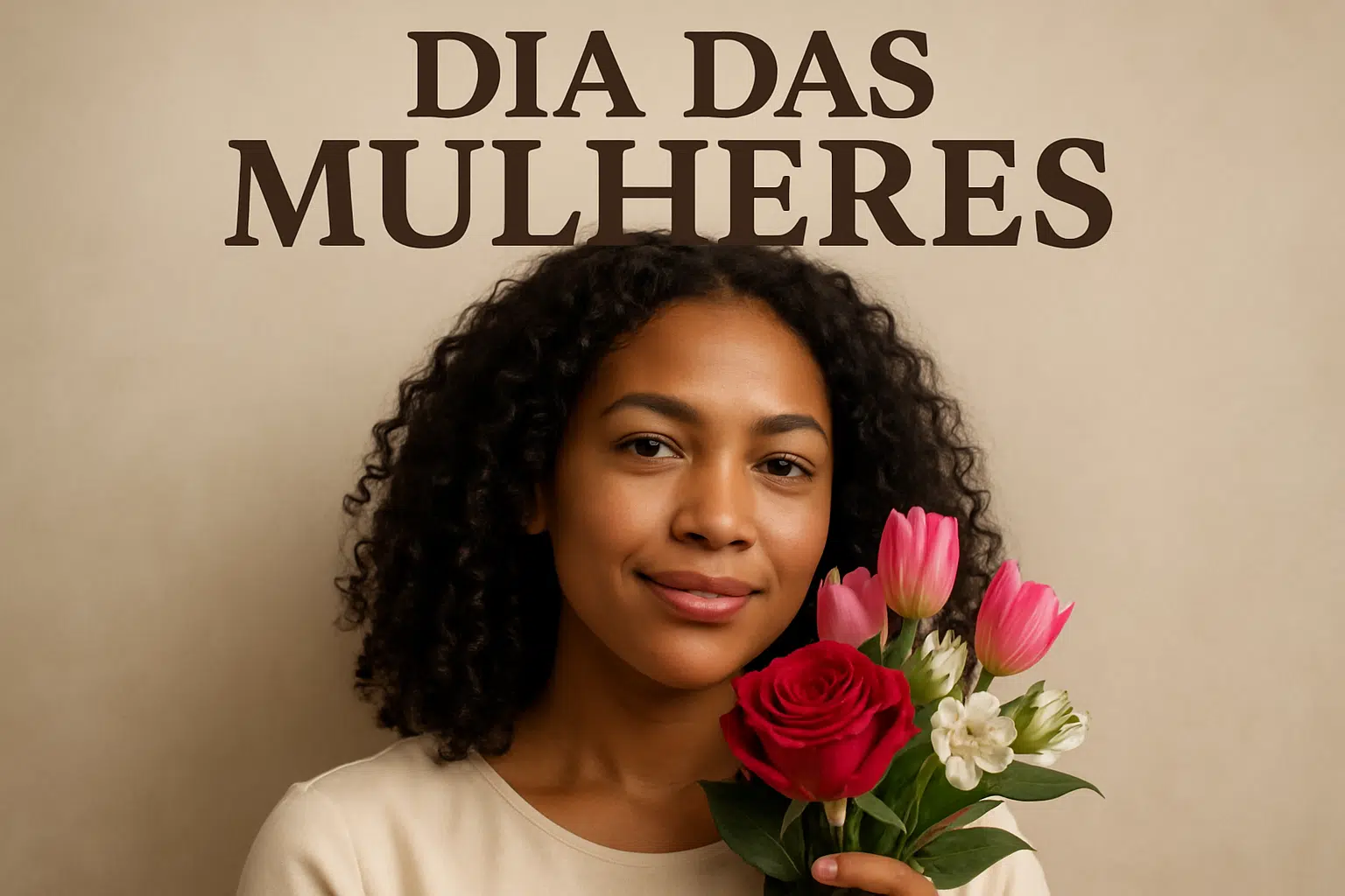 Dia da Mulher é feriado? Veja se o 8 de março altera o funcionamento de serviços 2 Mulher sorrindo segura buquê de flores com texto Dia das Mulheres ao fundo