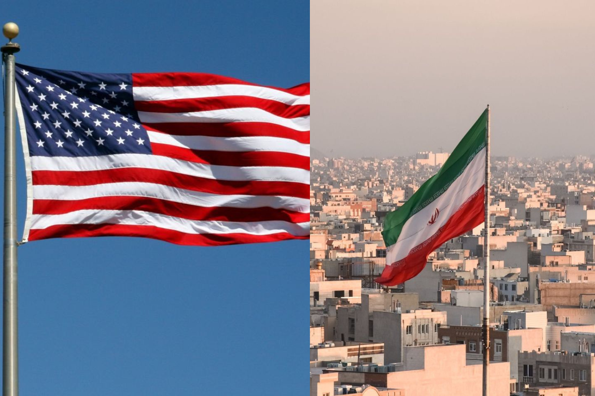 Guerra no Oriente Médio pode mudar o calendário da Fórmula 1; saiba o que está em jogo 2 Composição dividida ao meio mostrando, à esquerda, a bandeira dos Estados Unidos hasteada contra um céu azul e, à direita, a bandeira do Irã sobrevoando uma área urbana densamente povoada sob um céu nublado.
