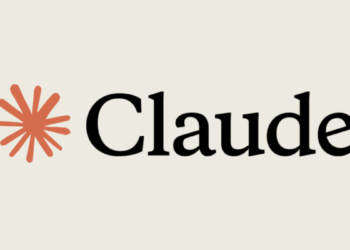 Logotipo da inteligência artificial Claude, composto por um ícone de estrela estilizada em tom terracota ao lado do nome "Claude" em fonte preta, sobre um fundo bege claro.