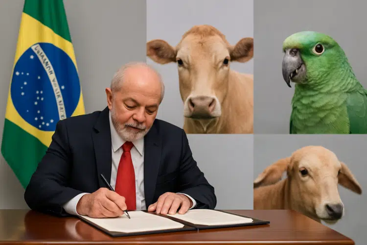 Lula amplia multas para maus-tratos a animais com decreto oficial; veja o que muda 1 Homem assinando documento com bandeira do Brasil e imagens de animais ao fundo