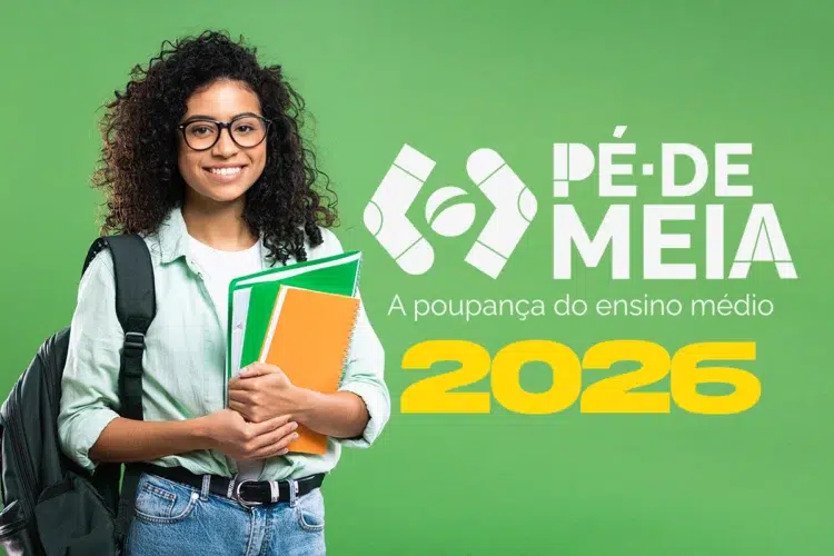 Pé-de-Meia 2026: quando será pago o incentivo-matrícula em março? 1 Estudante sorridente com mochila e cadernos à frente de um fundo verde com o logotipo do programa Pé-de-Meia e o ano 2026 em destaque.