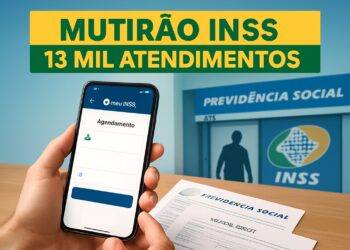 Pessoa agendando atendimento no aplicativo Meu INSS com papel da Previdência Social sobre a mesa e fachada do INSS ao fundo