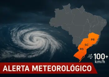 Mapa do Brasil destacando o RS, SC e PR com alerta de ventos acima de 100 km/h e imagem de ciclone