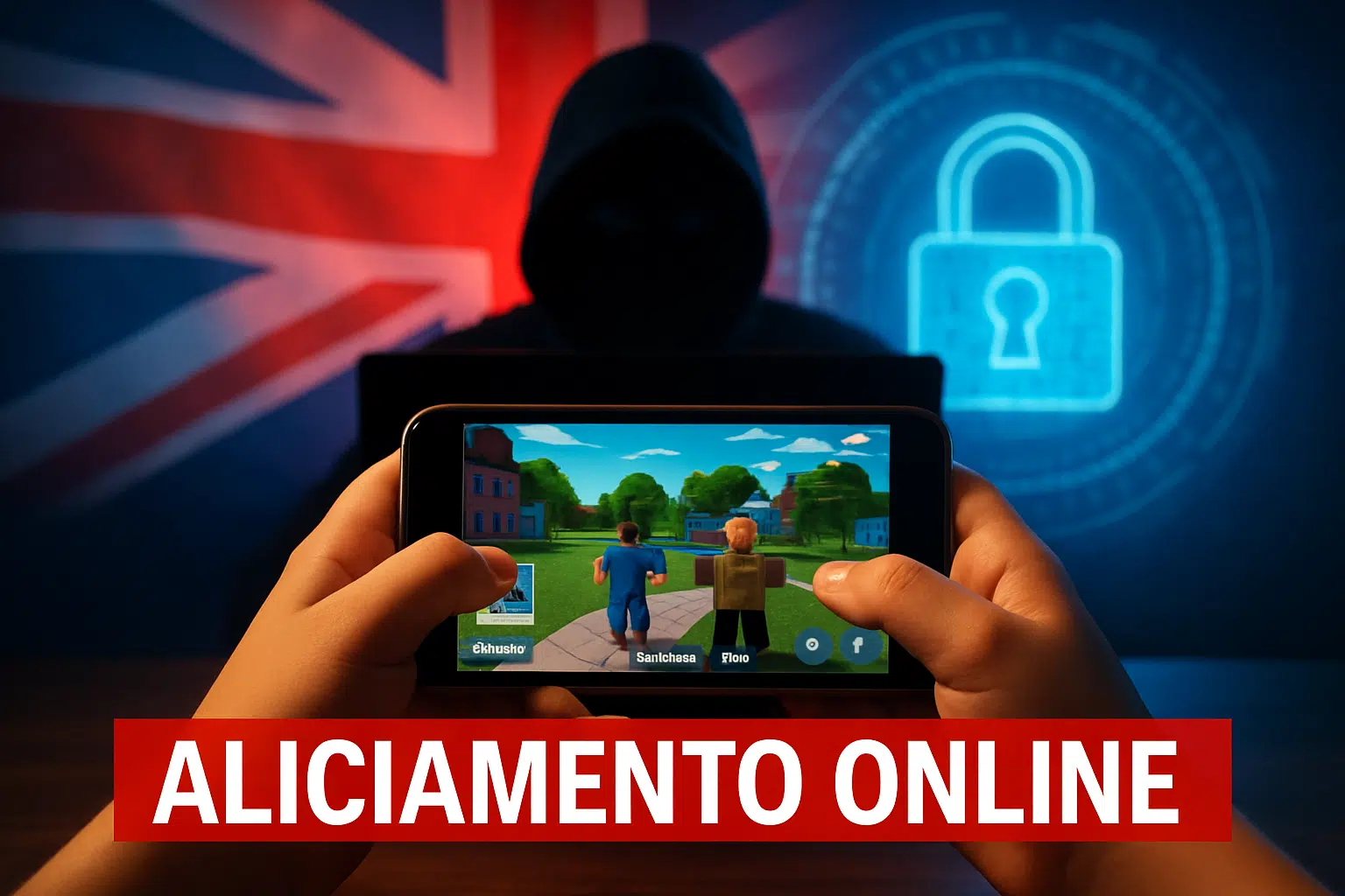 Homem recebe pena de 28 meses por aliciar menor no Roblox 2 Pessoa jogando em celular enquanto figura encapuzada aparece ao fundo, com texto 'Aliciamento Online'