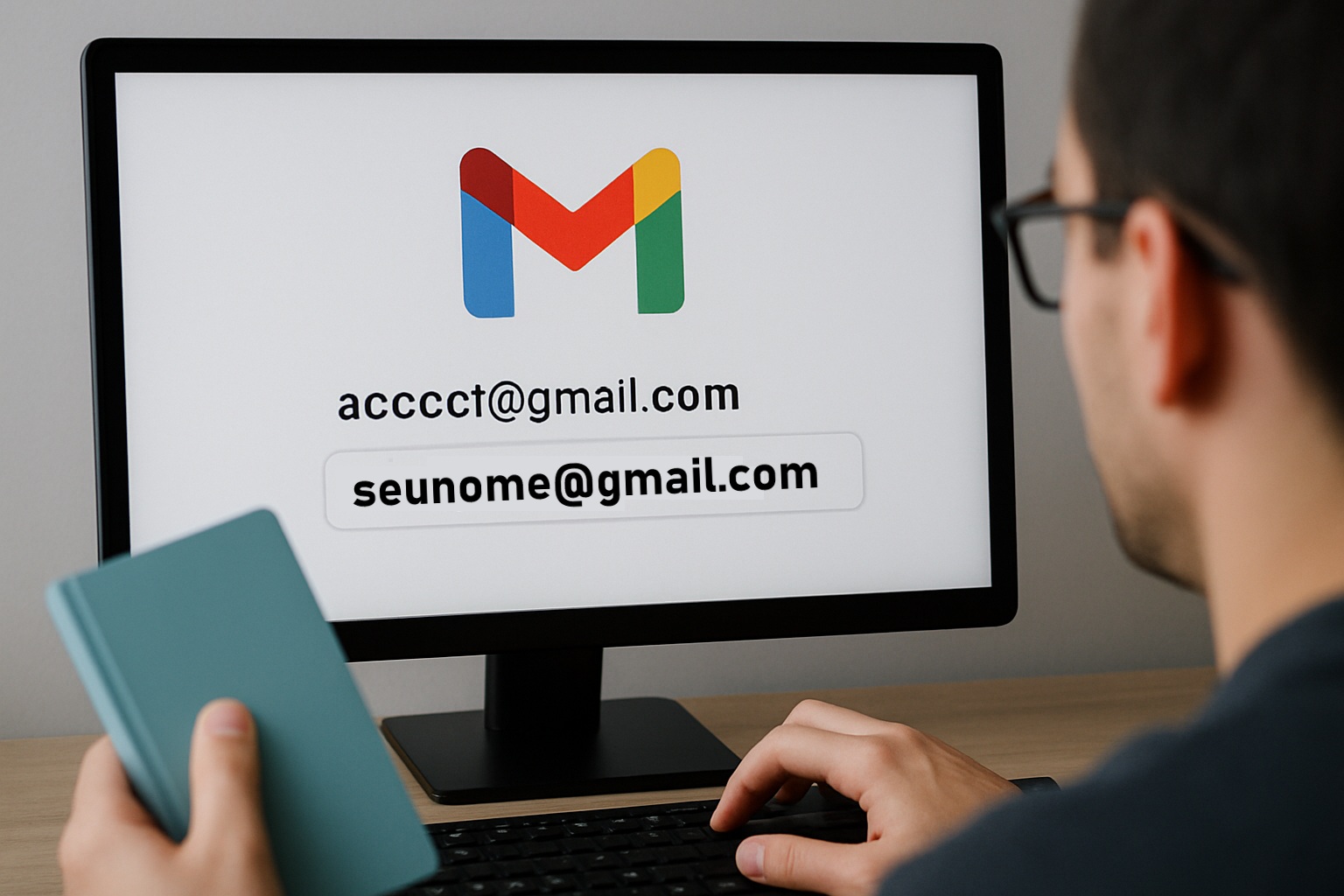 Gmail permite alterar endereço de e-mail pela primeira vez em mais de 20 anos 2 Pessoa usando computador com tela exibindo logotipo do Gmail e endereços de e-mail digitados