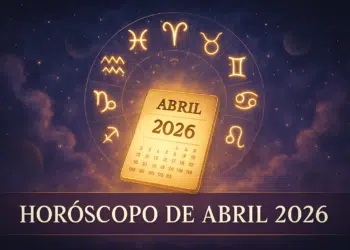 Imagem com calendário de abril de 2026 e símbolos dos signos do zodíaco ao fundo