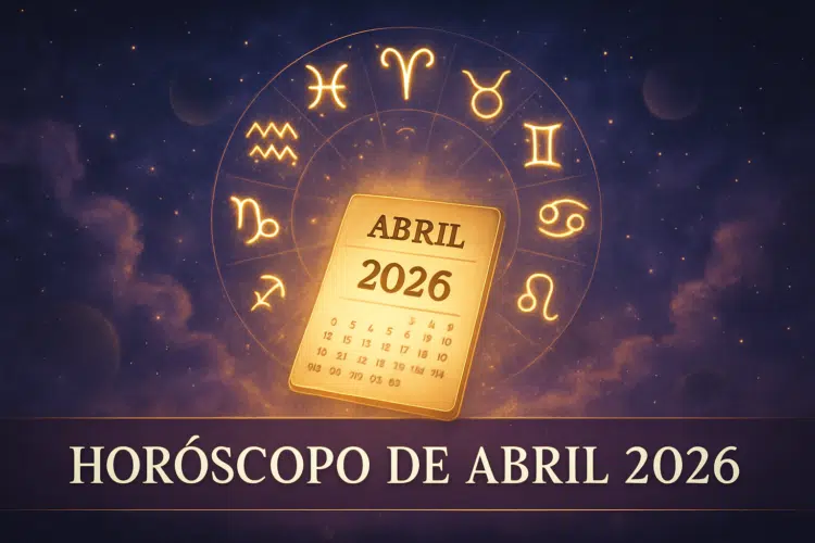 Horóscopo de abril 2026: veja as previsões para o seu signo 1 Imagem com calendário de abril de 2026 e símbolos dos signos do zodíaco ao fundo