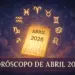 Imagem com calendário de abril de 2026 e símbolos dos signos do zodíaco ao fundo