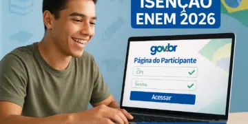 Estudante escreve em caderno com caneta enquanto notebook exibe logo do Enem ao lado de tela maior com marca do exame