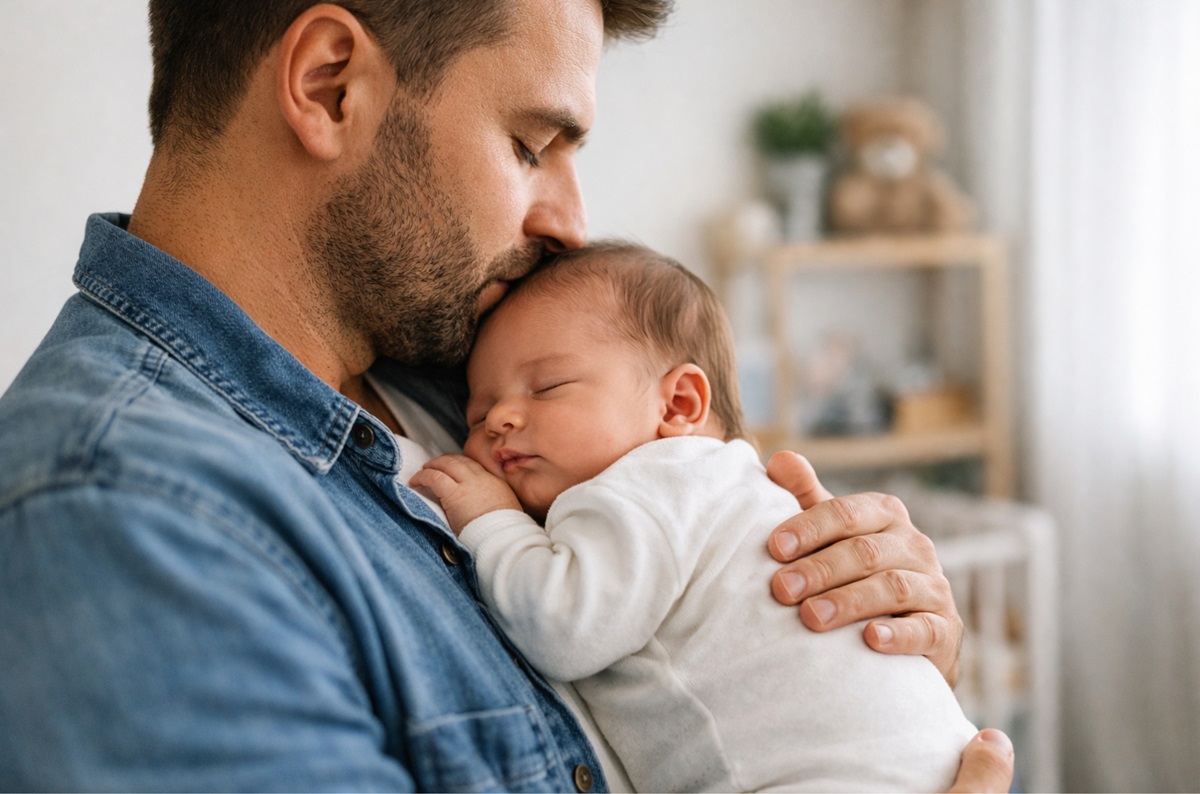 Licença-paternidade ampliada não vale de imediato; entenda quando começa a valer a regra de 20 dias 2 Um homem com barba e camiseta escura sorri ternamente enquanto segura seu bebê recém-nascido, que está adormecido e enrolado em um cobertor branco.