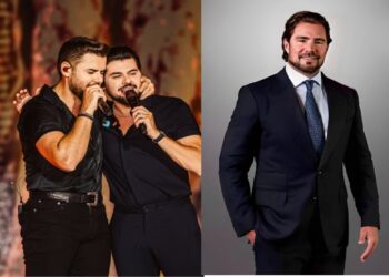 Zé Neto e Cristiano abraçados cantando no palco na imagem 1 e Daniel Vorcaro sorrindo de terno escuro na imagem 2.