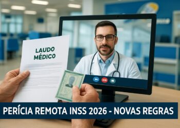 Consulta médica online com laudo médico e documento de identidade em destaque, e texto sobre novas regras de perícia remota INSS 2026.