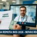 Consulta médica online com laudo médico e documento de identidade em destaque, e texto sobre novas regras de perícia remota INSS 2026.