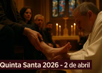 Padre lavando o pé de uma pessoa em cerimônia religiosa com a legenda 'Quinta Santa 2026 - 2 de abril'