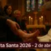 Padre lavando o pé de uma pessoa em cerimônia religiosa com a legenda 'Quinta Santa 2026 - 2 de abril'