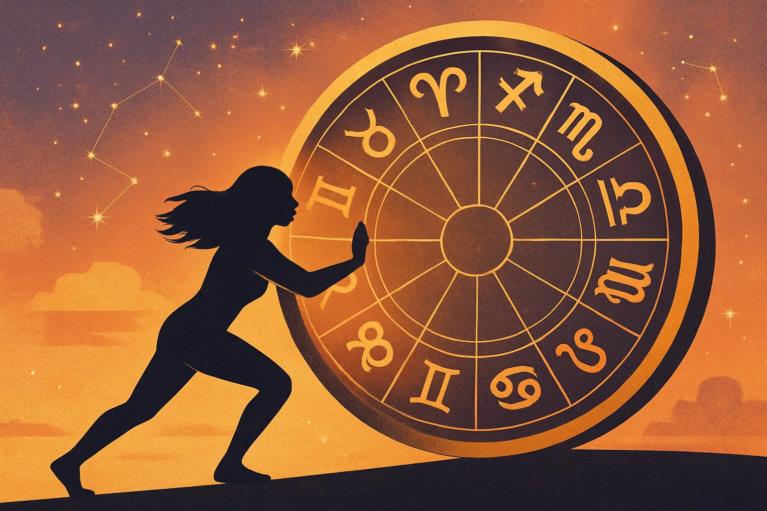 Horóscopo de abril 2026: veja as previsões para o seu signo 2 Silhueta de mulher empurrando uma roda com signos do zodíaco no céu estrelado