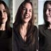 Suzane Von Richthofen em três poses diferentes, vestindo roupas escuras, durante entrevista para documentário sobre crime.