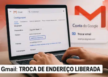 Pessoa usando notebook na tela de configurações do Gmail com destaque para troca de endereço de email
