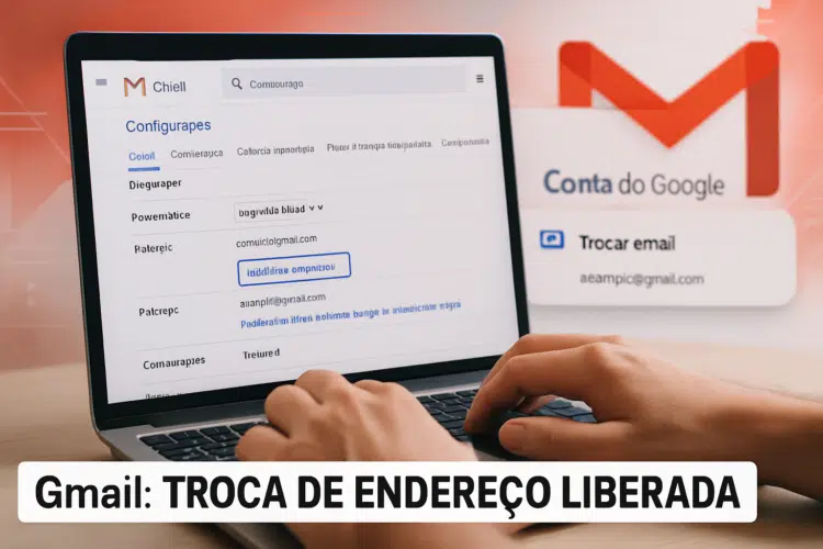 Gmail permite alterar endereço de e-mail pela primeira vez em mais de 20 anos 1 Pessoa usando notebook na tela de configurações do Gmail com destaque para troca de endereço de email