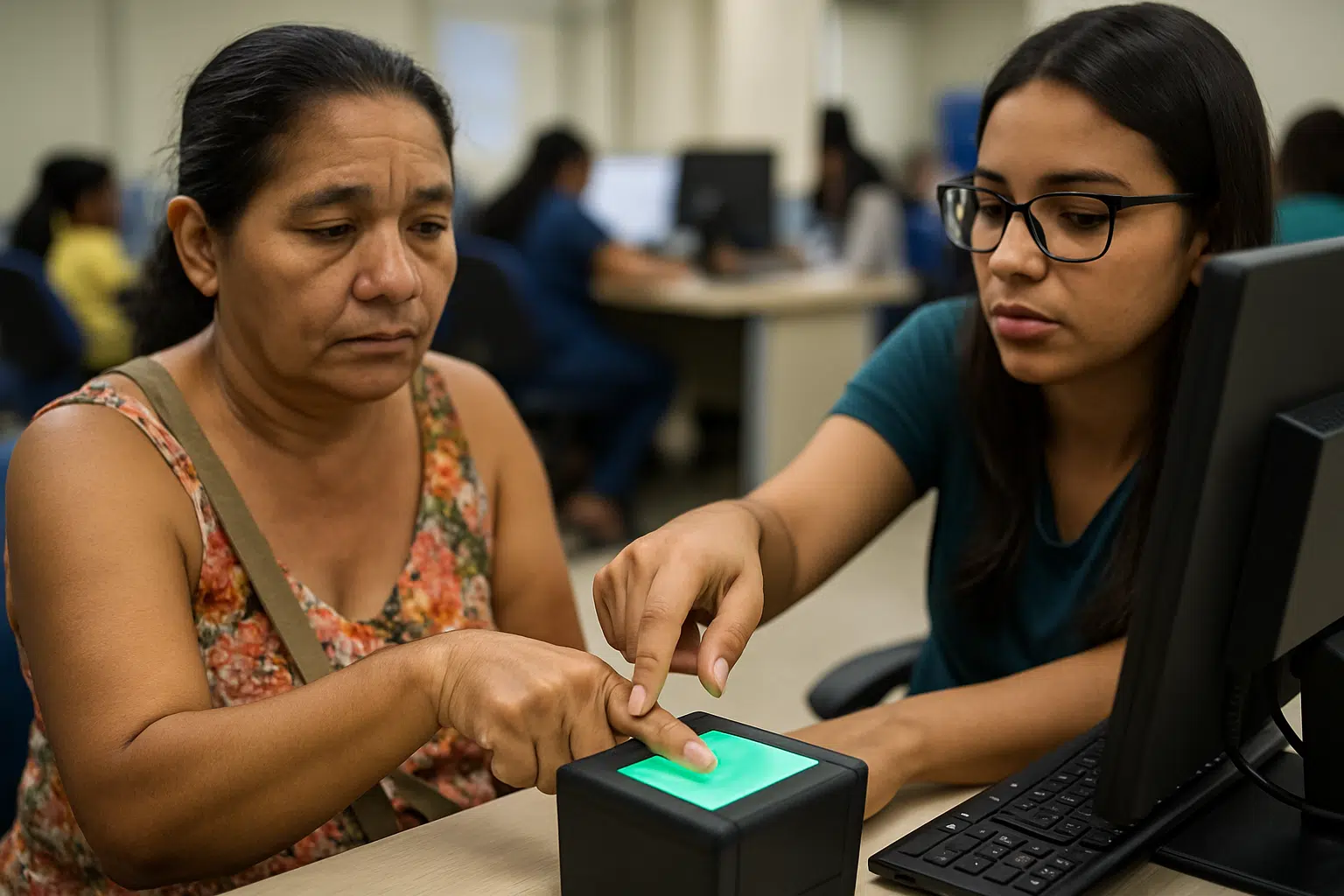 Começa hoje o prazo para cadastramento biométrico em programas sociais; saiba como fazer 2 Atendimento de cadastro biométrico com duas mulheres em um escritório