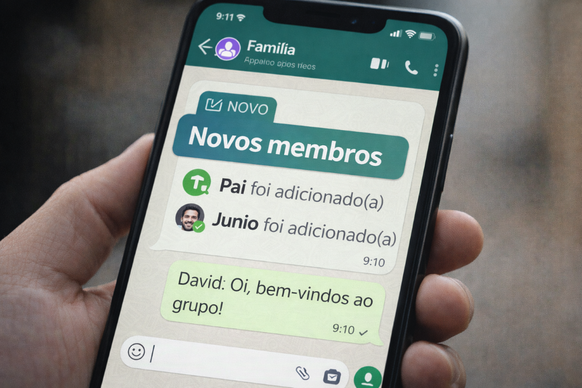 WhatsApp prepara função que indica novos membros para grupos 2 Tela de celular mostrando grupo do WhatsApp com novos membros adicionados